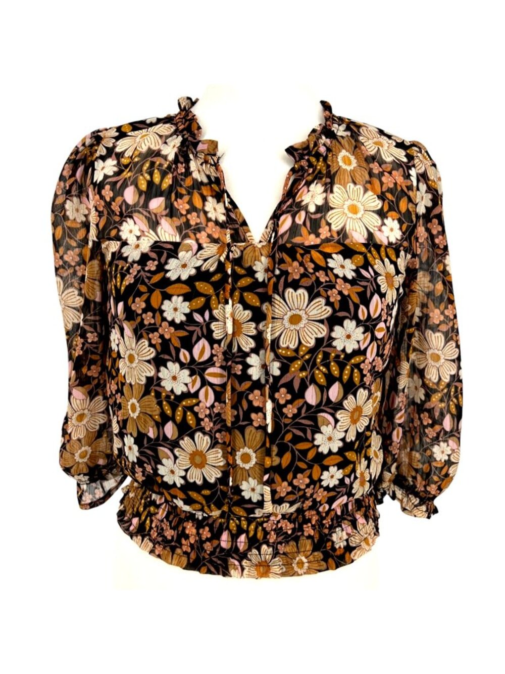 Monteau Floral Metallic Sheer Blouse Half Sleeves Size Medium Cottage Romantic